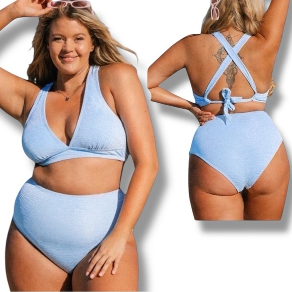 Mini Textured Print Blue Classic High Waist Plus Size Two Piece Swimwear 2X NWT - Picture 1 of 8